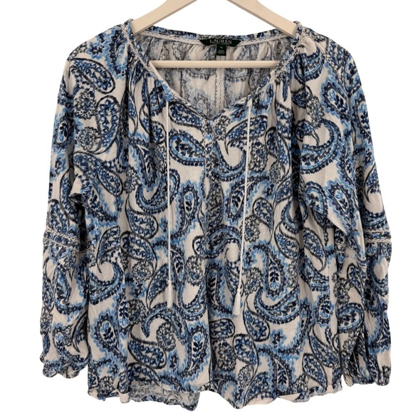 Lauren Ralph Lauren Tops - Lauren Ralph Lauren Women's Blue Paisley Print Long Sleeve Peasant Blouse XL